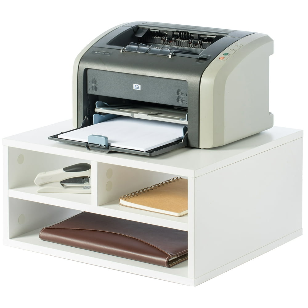 Printer Stand Shelf Wood Office Desktop Compartment Organizer, White