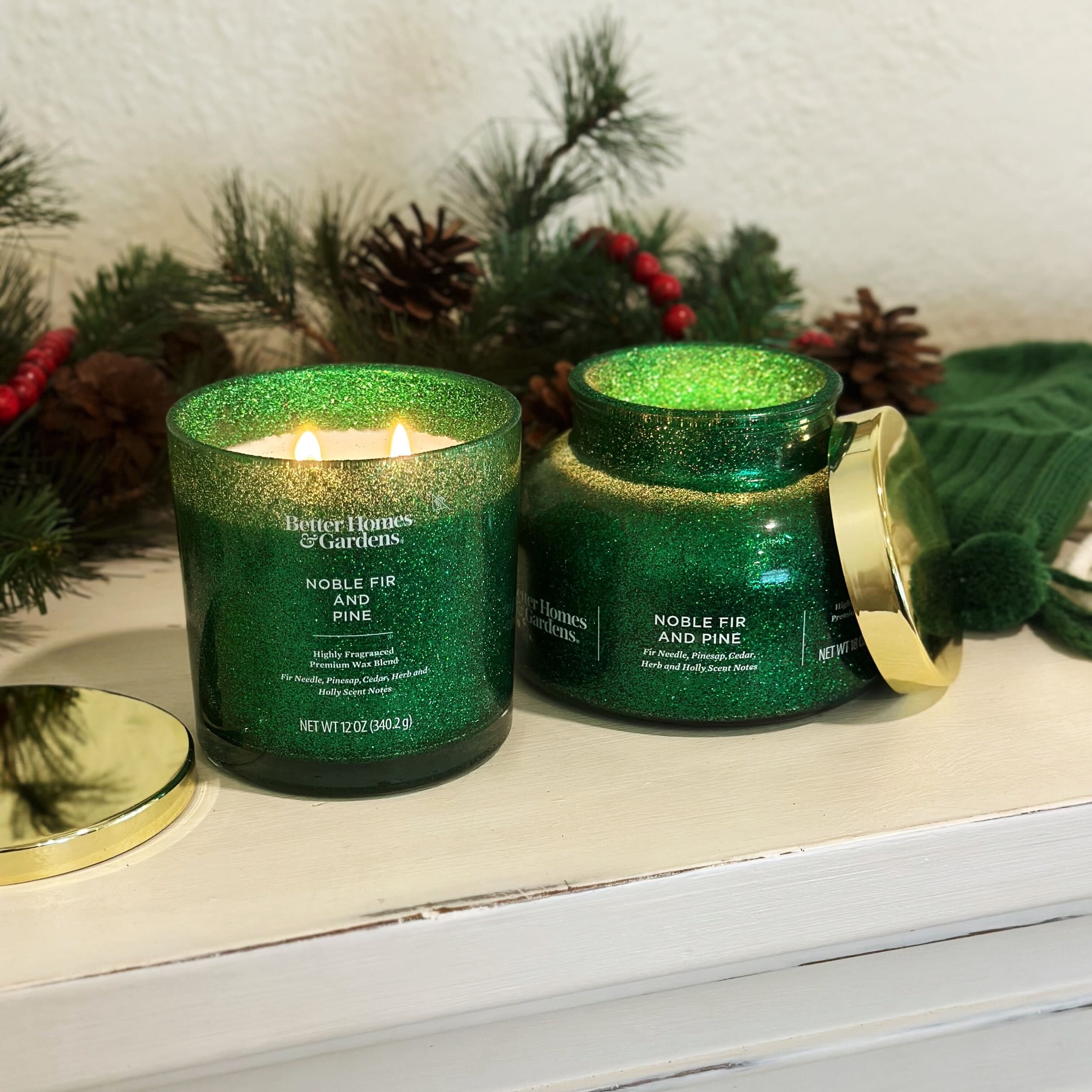 Better Homes & Gardens Noble Fir & Pine Scented 2 Wick Glitter 12oz Jar Candle