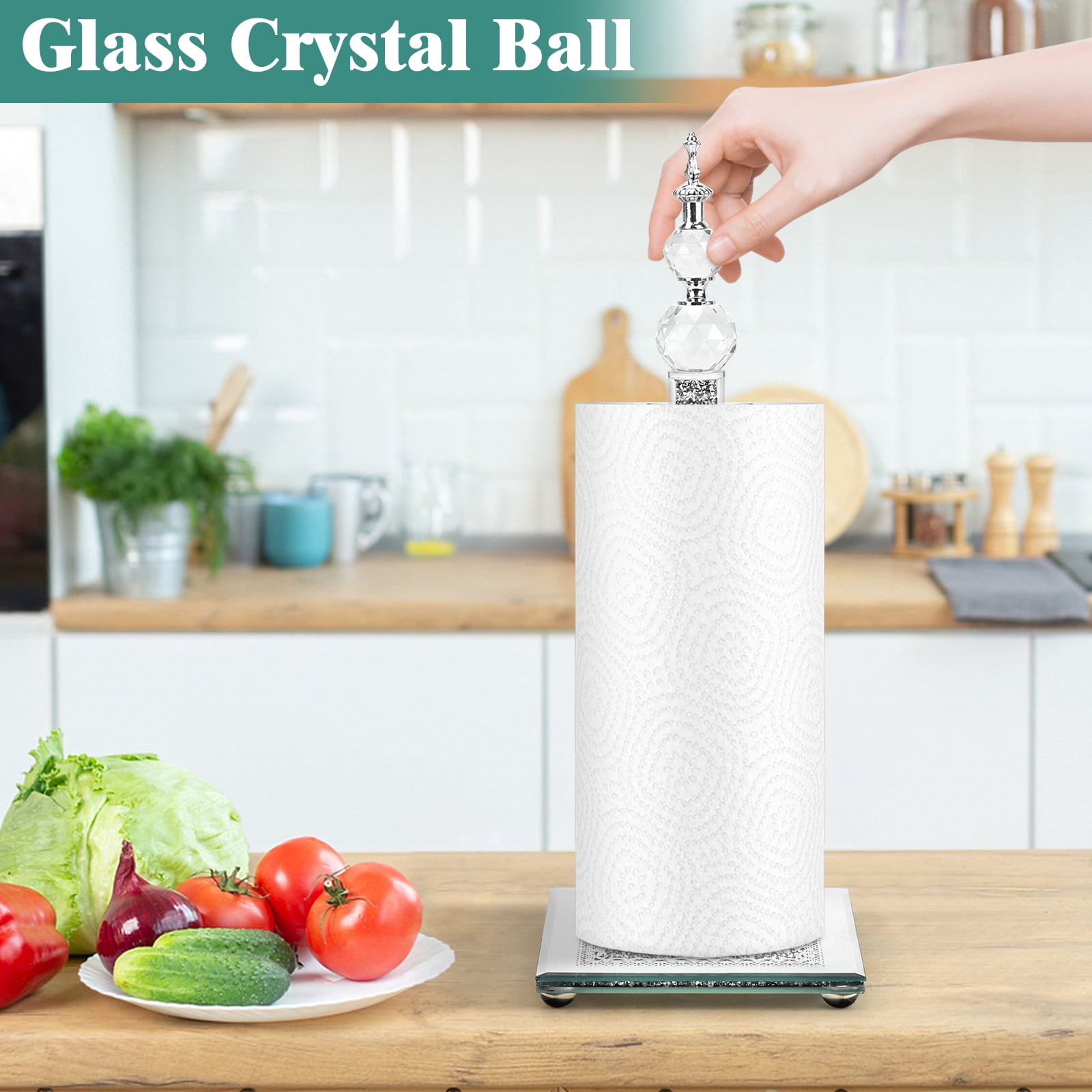 Glass Paper Towel Holder, Countertop Roll Paper Towel Holder, Square Base Crystal Shattered Diamonds Freestanding Paper Towel Holder, Crystal Shattered Diamonds Home Decor for Bathroom, Kitchen and H