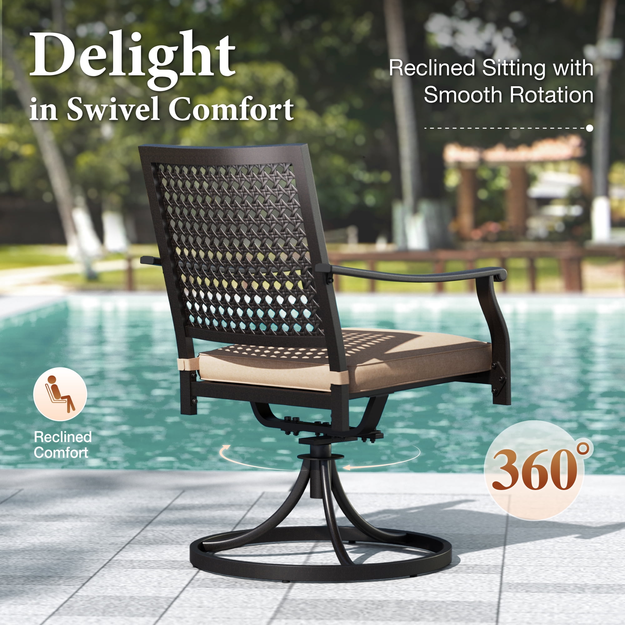 Summit Living 7-Piece Outdoor Patio Dining Set, Metal Steel Swivel Chairs with Cushions & Rectangle Table with Umbrella Hole, Black & Brown