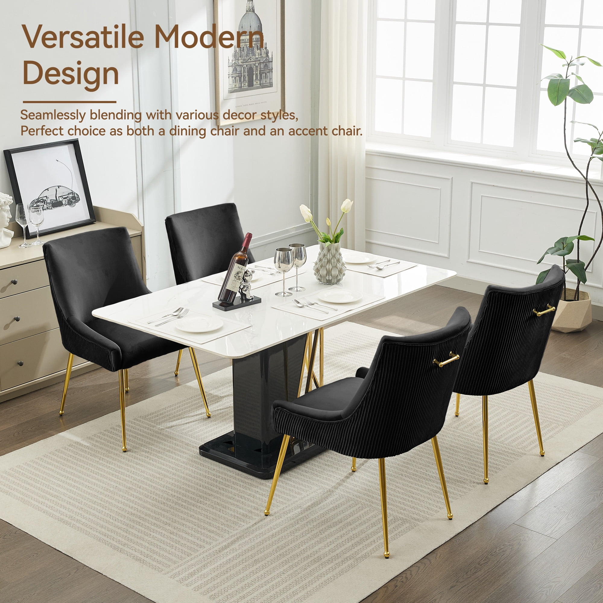 Velvet Dining Chairs Set of 2 with Gold Legs, Upholstered Accent Chairs, Pleated Back & Gold Pull Handle, Mid-Century Modern for Dining Room, Kitchen, Living Room, Black