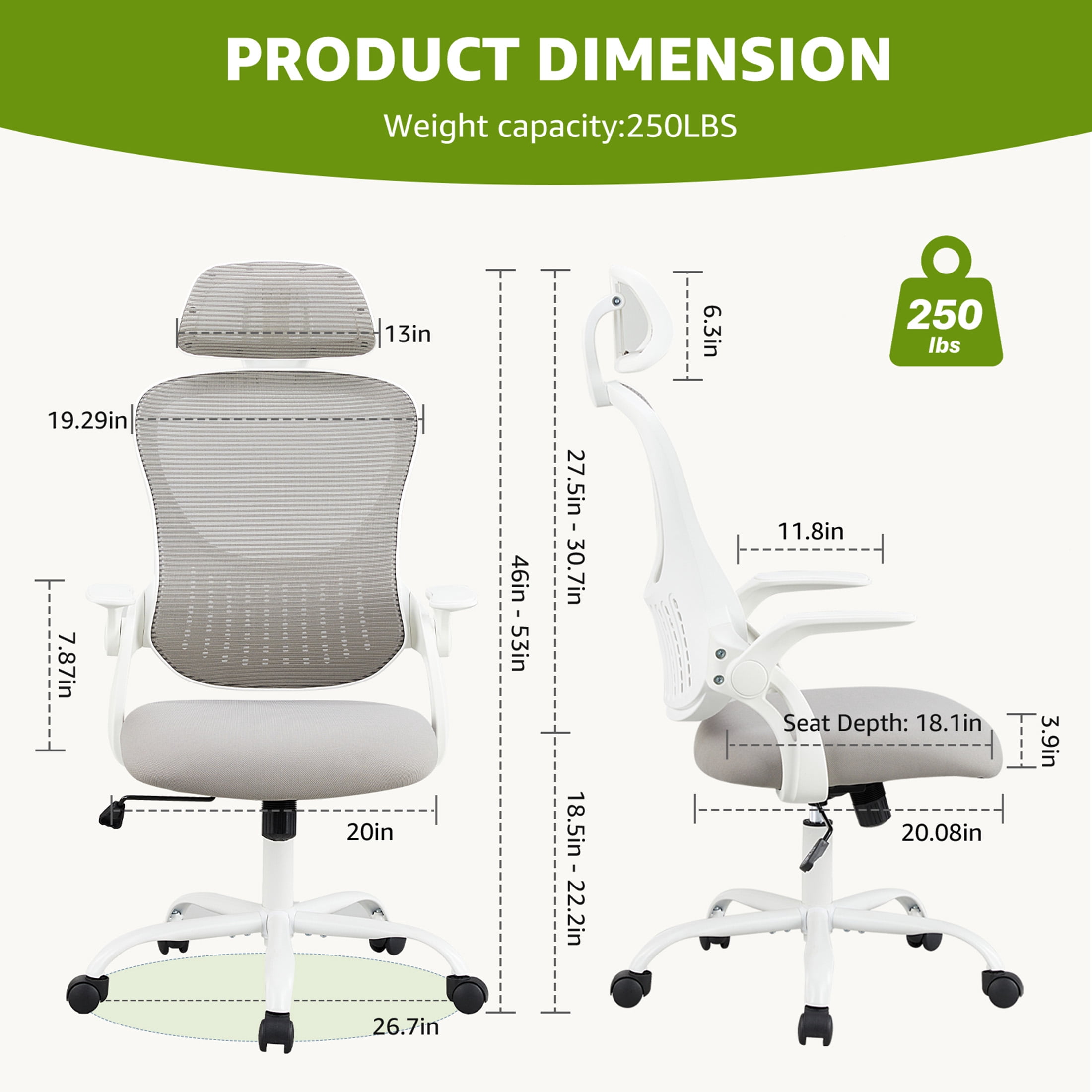 JOINSUN Office Computer Desk Chair, Ergonomic High-Back Mesh Work Chairs with Wheels and Adjustable Headrests, Gray