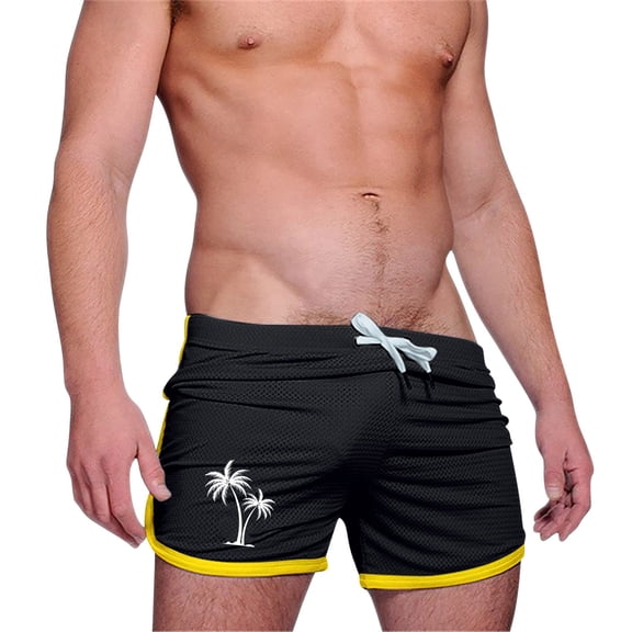 DeHolifer Men's Sports Shorts Breathable Running Fitness Drawstring Training Palm Tree Print Cropped Shorts Black 2XL