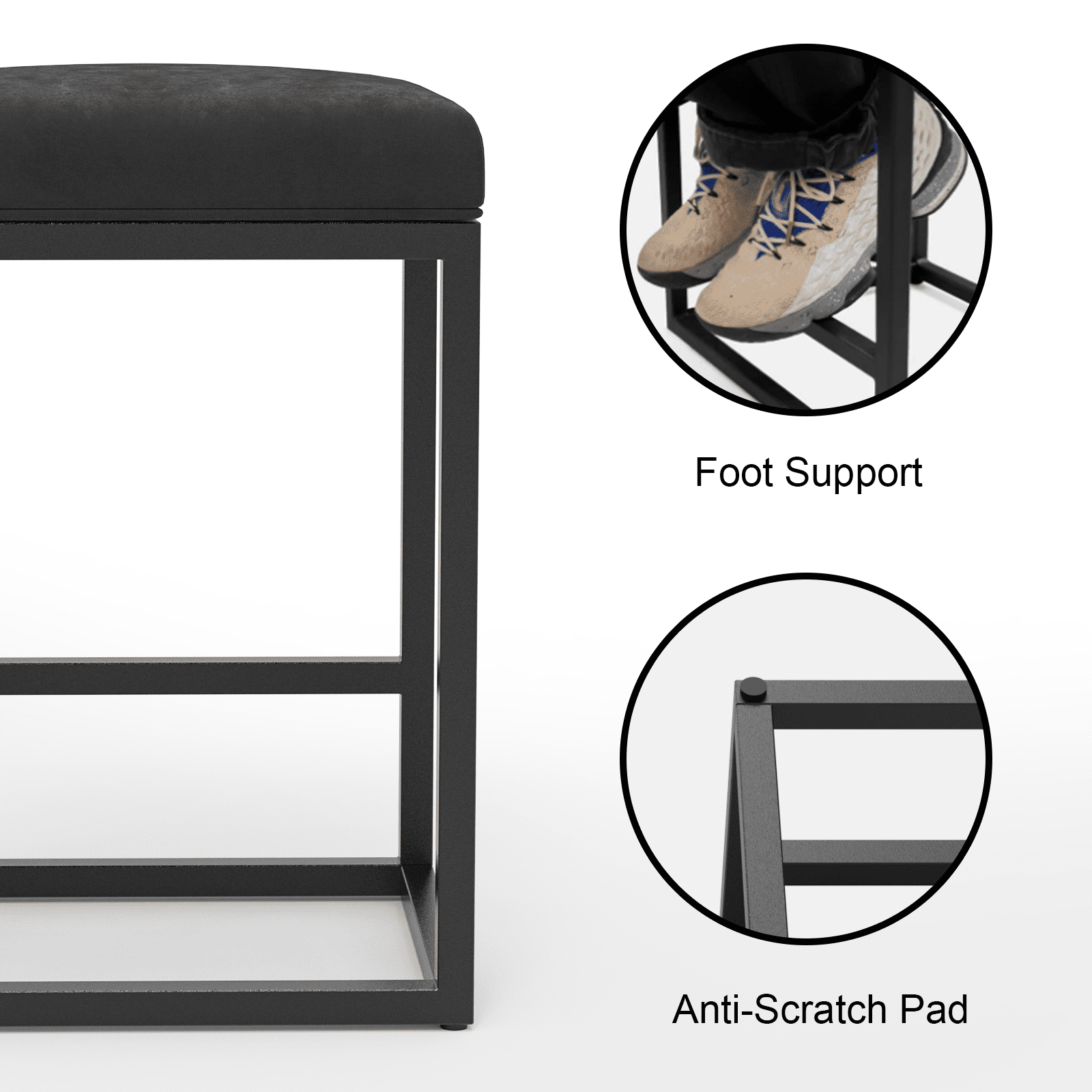 Nathaniel Home, Bar Stools Set of 2, PU Leather Metal Square Barstools, Backless Kitchen Dining Cafe Stool, Upholstered Bar Stool with Footrest, 24 Inch Black