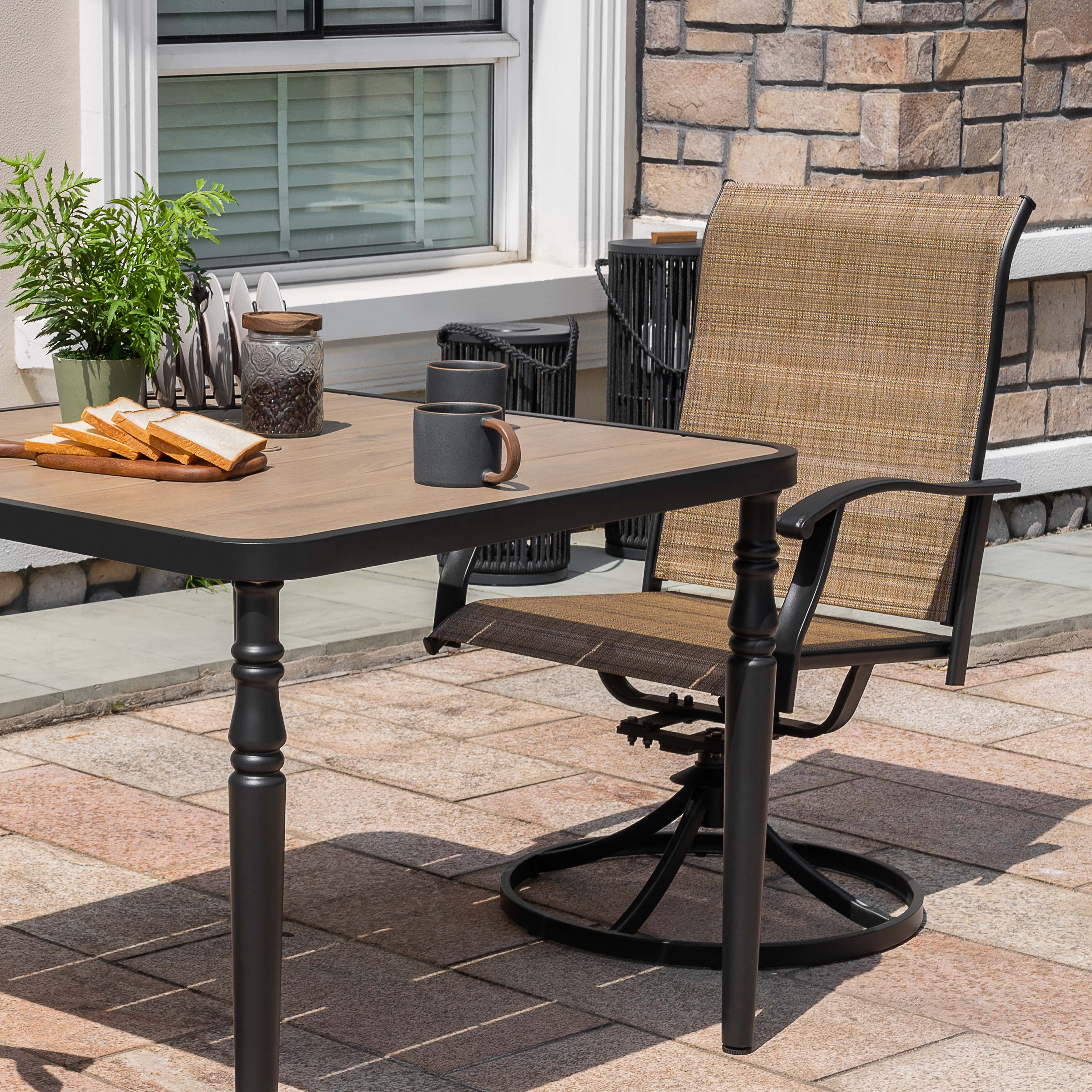Nuu Garden 5-Piece Outdoor Dining Table Set, 4 Textilene Swivel Chairs & 37" Square Table with Umbrella Hole and Faux Wood Tabletop, All-Weather Patio Outdoor Furniture, Black and Brown