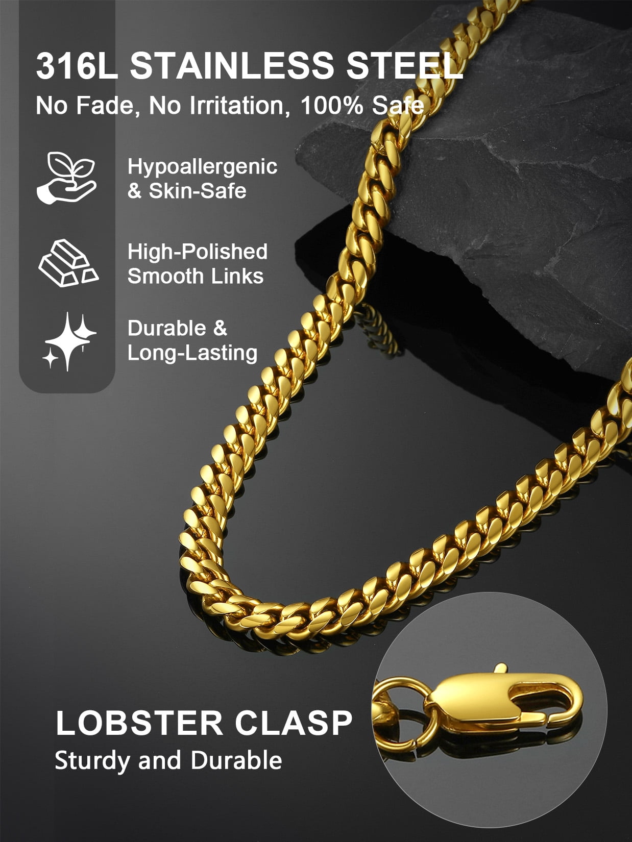 ChainsProMax Men Chain Gold Plated Necklace Stainless Steel Hiphop Rapper Fathers Day Jewelry Gifts for Mens 22inches