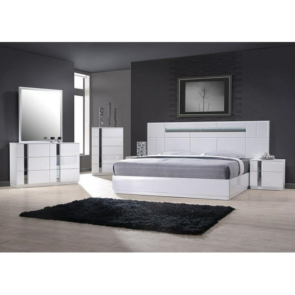 Contemporary Queen Bedroom Set in White Lacquer and Chrome Set 3 Pcs J&M Palermo