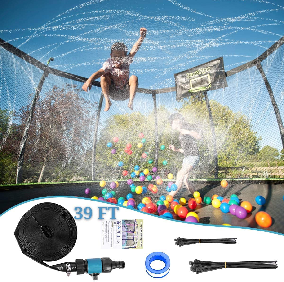 JoyX Trampoline Waterpark Sprinkler 39 FT Automatic Spray Water Tube for Outdoor Recreation Fun Summer Outdoor Water Game Toys Trampoline Accessories Outdoor Cooling System. No Tools Required