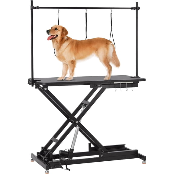 Rugerasy 47Inch Electric Lift Dog Grooming Table Heavy Duty Electric Grooming Arm Table for Pets & Large Dogs Adjustable Height,Non-slip Desktop with Gantry Crane Set,Black
