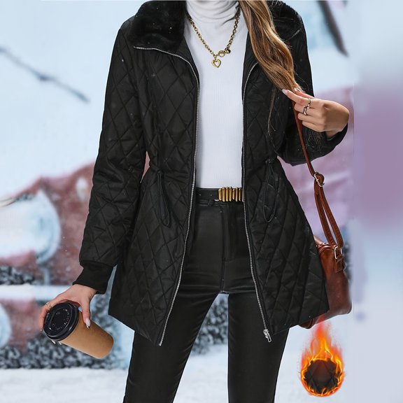 Njoeus Womens Diamond Quilted Jacket Zip Up Long Outwear Warm Cotton Winter Coat for Women Drawstring Waist Lapel Collar Padded Jacket with Pockets Black XL