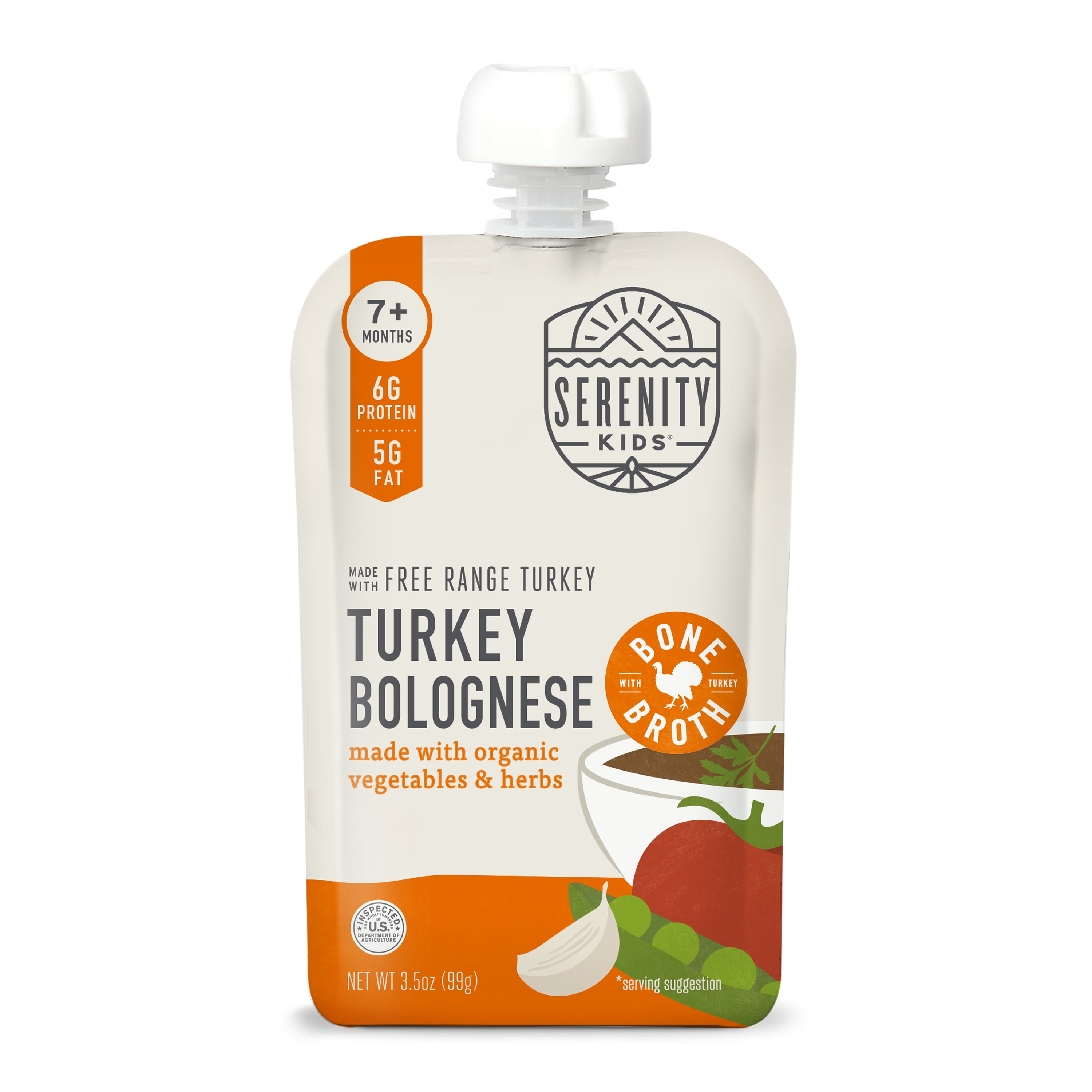 (12 pack) Serenity Kids Free Range Turkey Bolognese with Organic Vegetables, Herbs & Bone Broth Baby Food Pouch 3.5oz
