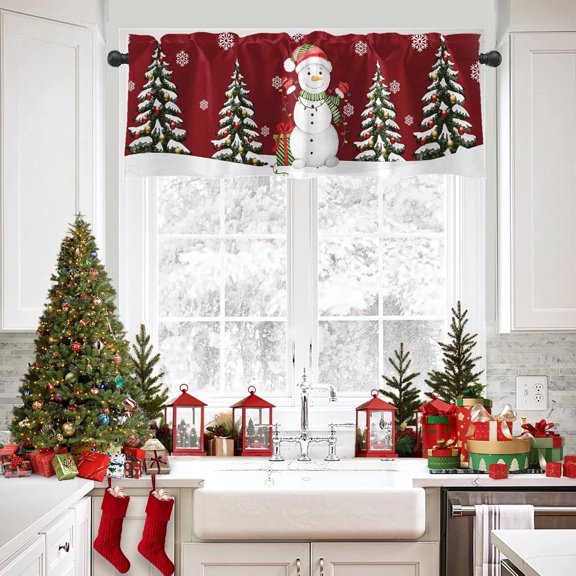 Christmas Valances Window Treatments, Snowman Christmas Tree and Snowflakes Blackout Drapes Adjustable Curtain Valances for Kitchen Over Sink,18x52 Inch Rod Pocket Valances