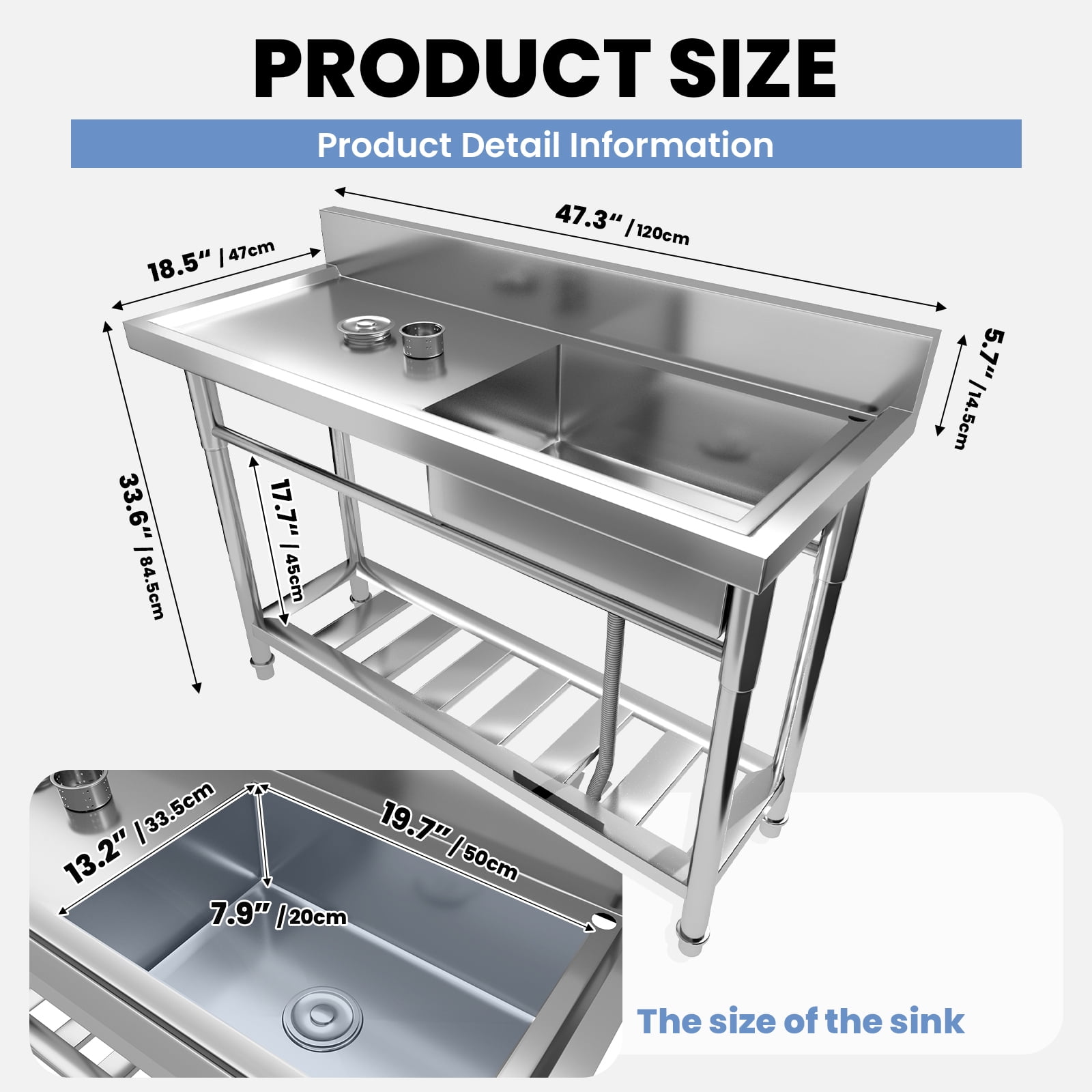 Commercial Single Bowl Sink, Integrated Workbench Support, Resilient Steel, Small Kitchen Sink Single Bowl Targeting Heavy Duty Use, for Restaurant Prep, Workshop Cleaning, Work Station