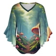 thumbnail image 5 of Enchanted Forest With Mushrooms Women's V-Neck Blouse With 3/4 Ruffled Bell Sleeves Casual Top Ladies Blouses, 5 of 7