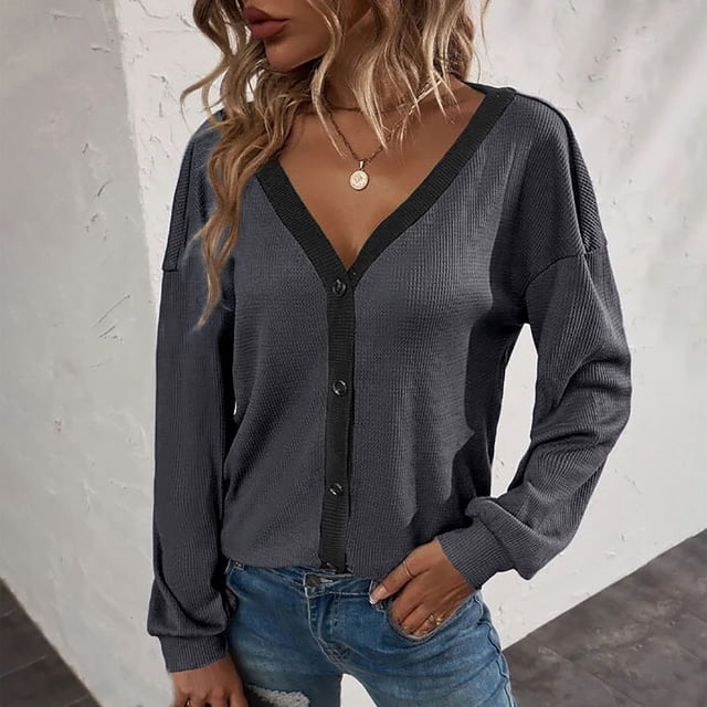 LOVZFMLL Cardigan pour Femmes Mode Décontractée Assorti de Couleurs Bouton Manches Longues Cardigan Haut Blouse