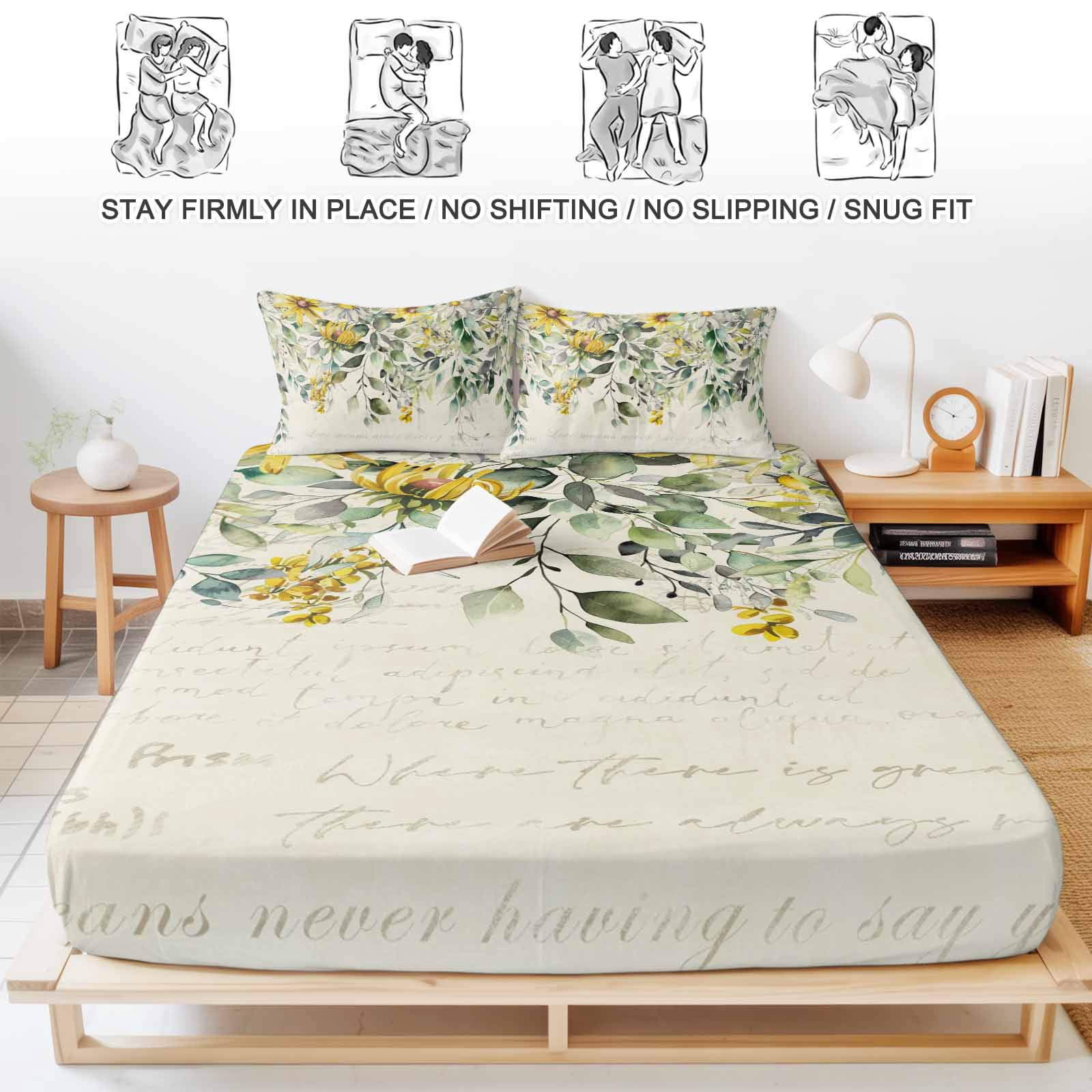 Queen Size Fitted Sheet Set - Green Eucalyptus Leaves 3 Piece Bedding Sets 16" Deep Pocket Fitted Sheet with 2 Pillowcases, Retro Rustic Botanical Floral Brushed Microfiber Hotel Luxury Bed Sheets