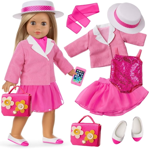 K.T. Fancy 18 Inch Doll Clothes Pink Fashion Suit with Hat Handbag Shoes & Accessories, Kids Dress Up Gift