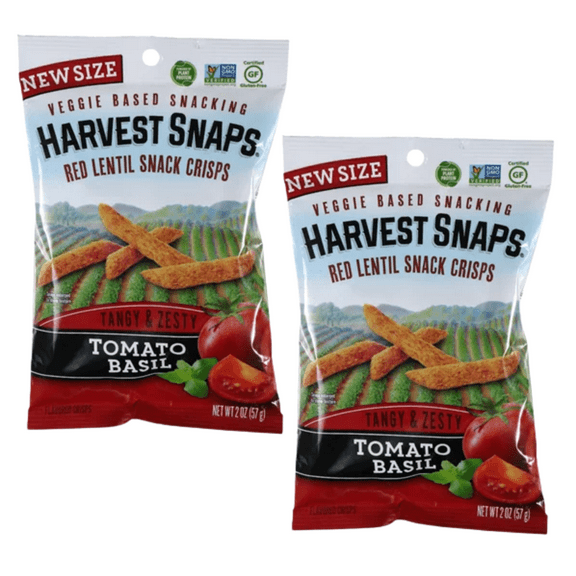 Harvest Snaps Red Lentil Vegetable Snack Crisps, Tangy, and Zesty Tomato Basil Flavor, 2 oz. of Delectable Baked and Crunchy Snacks with Plant Protein and Fiber - Pack of 2