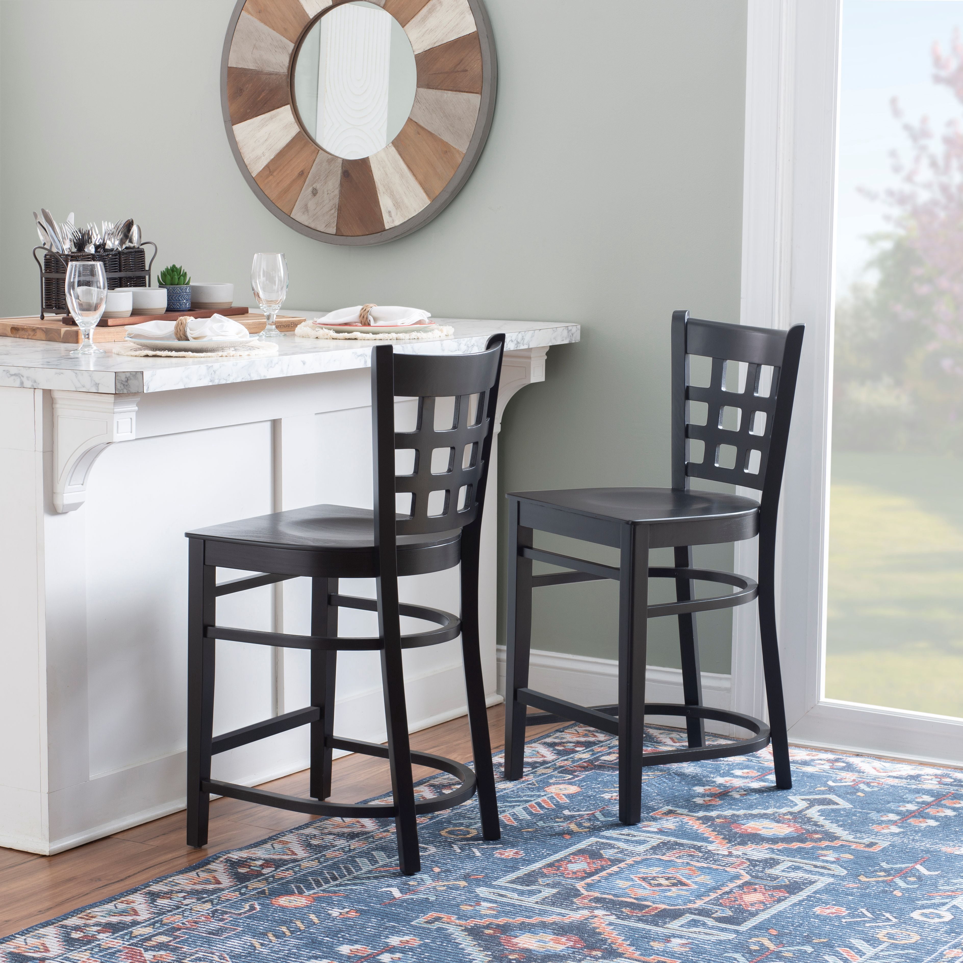 Linon Neville 24" Wood Counter Stool Set, Black Finish, Indoor Use, Set of 2
