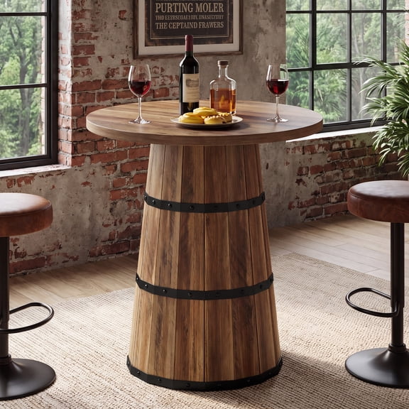 Finmind 31.5" Round Bar Table with Barrel Base, Farmhouse Pub Height Table for Home Bar, Kitchen, Dining Room, Rustic Brown