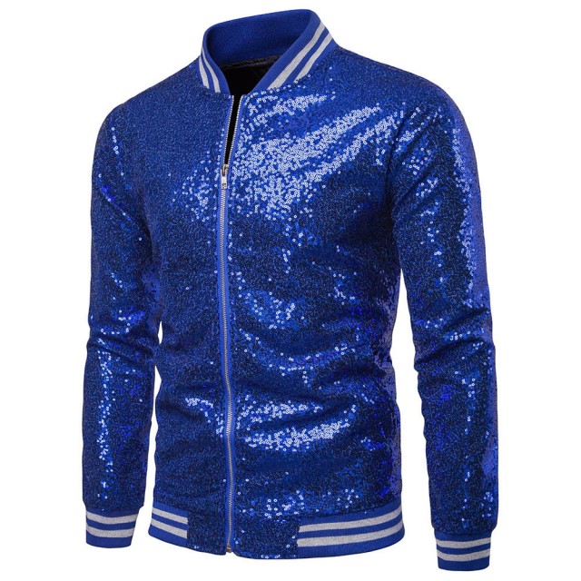 Mens Sequins Nightclub Styles Zip up Varsity Baseball Bomber Jacket