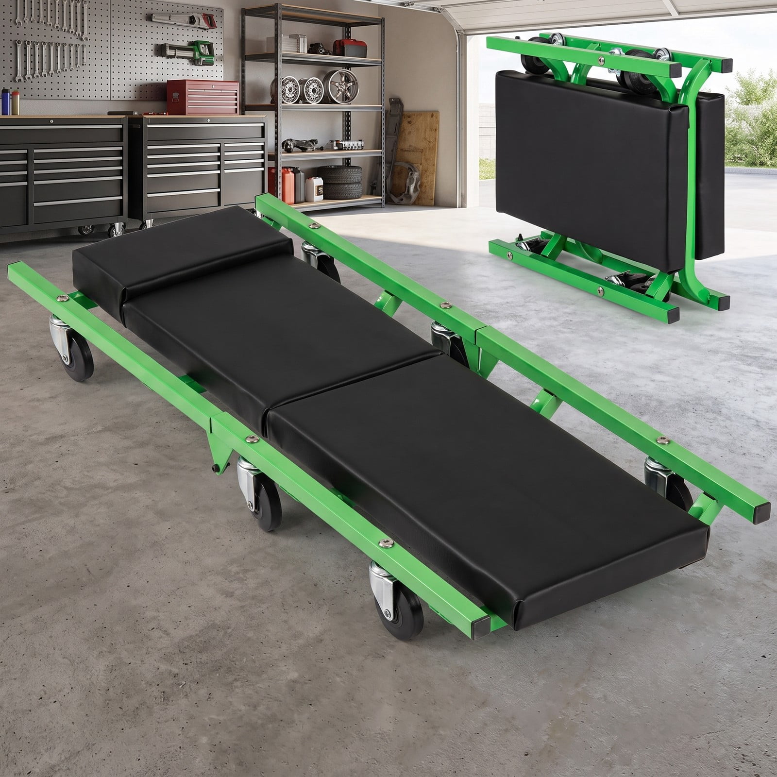 ALPULON Foldable Automotive Creeper with 360 Degree Swivel Wheels, 330 lbs Rolling Garage Creeper with Padded Headrest and PU Leather Cushion, Low Profile, Green