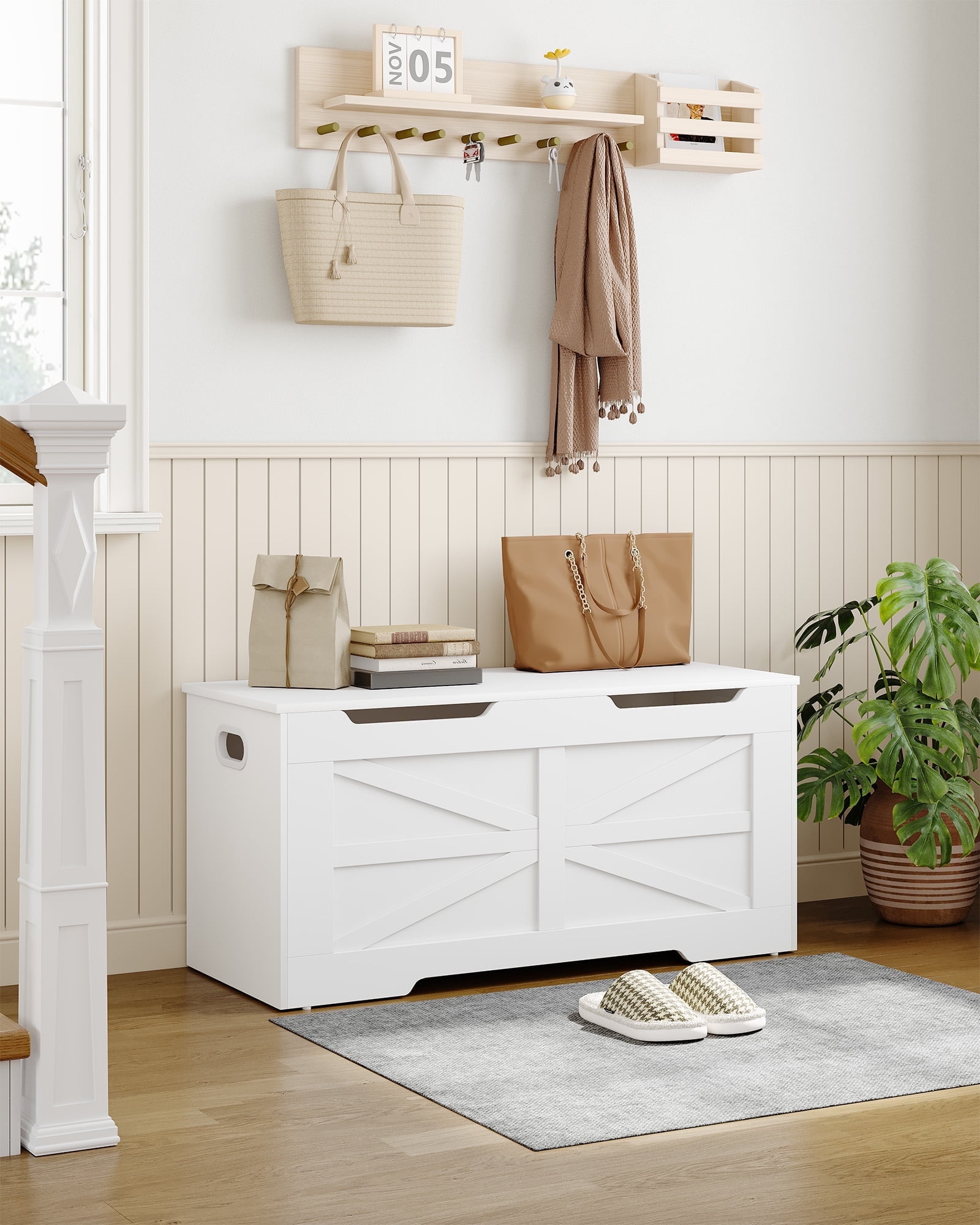 ZENSTYLE Wood Shoe Entry Hallway Storage Bench with Safety Hinge