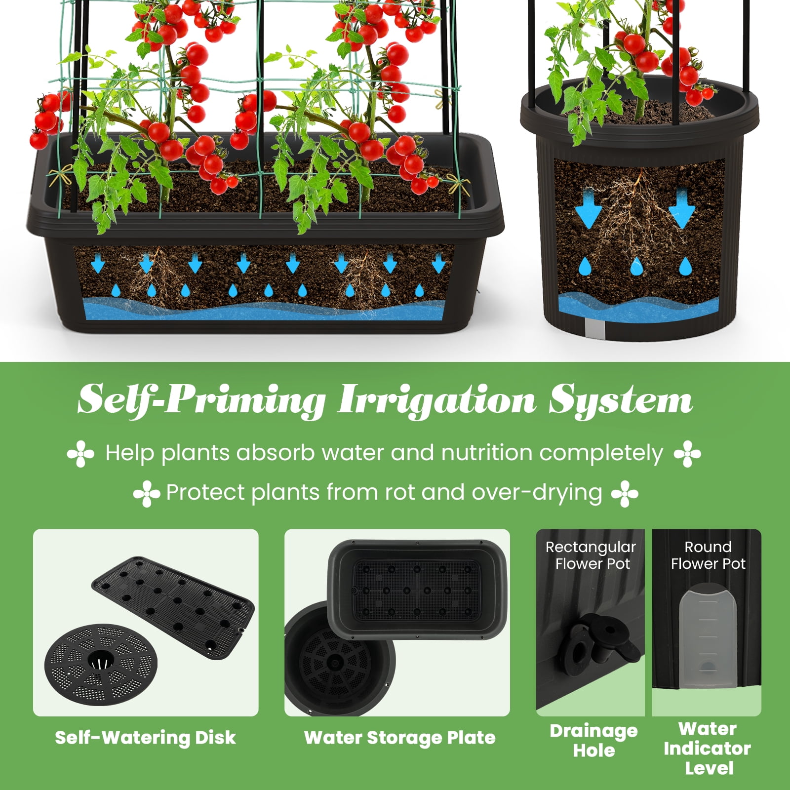 Patiojoy 2-Pack Garden Trellis, 58.5�� Tomato Cage & 71�� Cucumber Trellis w/ Planter Box Self-Priming Irrigation