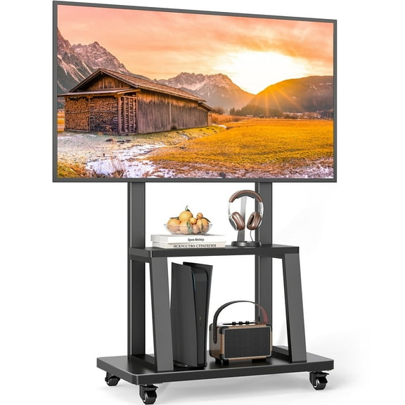 TAVR Furniture Mobile TV Cart for 37-75 inch with Wooden Shelf, Portable Rolling TV Stand with Height Adjustable up to 150lbs, Black