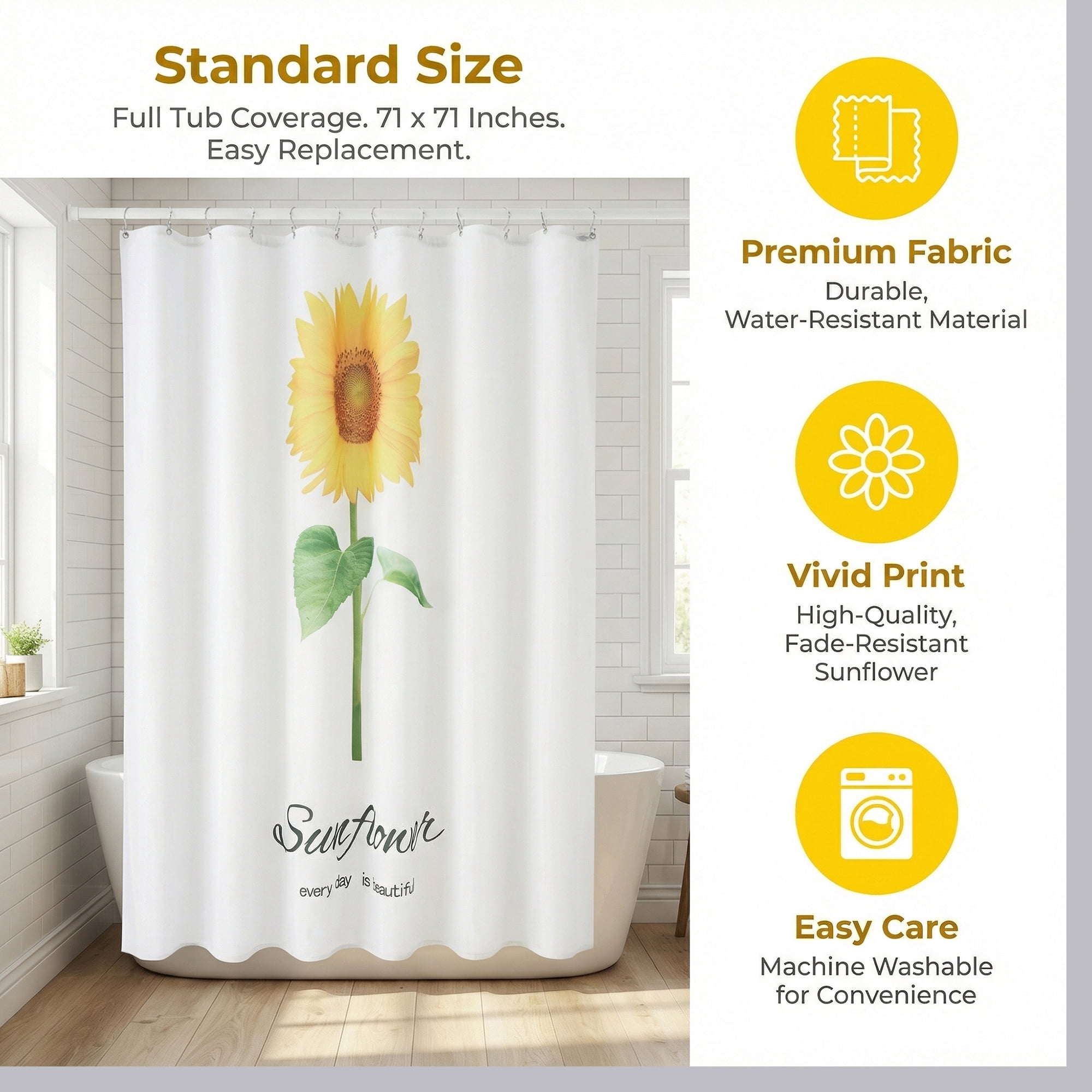 Unique Bargains Boho Shower Curtain Sets with Hooks Yellow Single Sunflower 71"W x 71"L