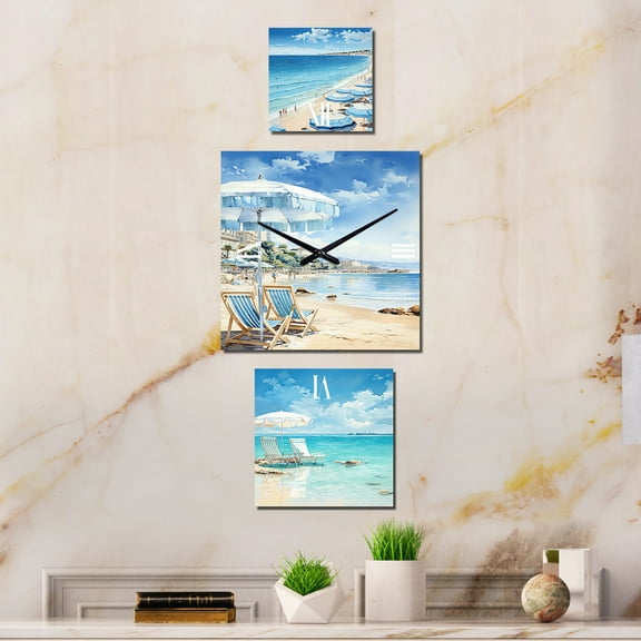 Designart "Cannes Harmony on the French Coast" France Extra large Clock For Office Décor - Large Traditional Wall Clock - Oversized Blue Wall Clock - Set Of 3