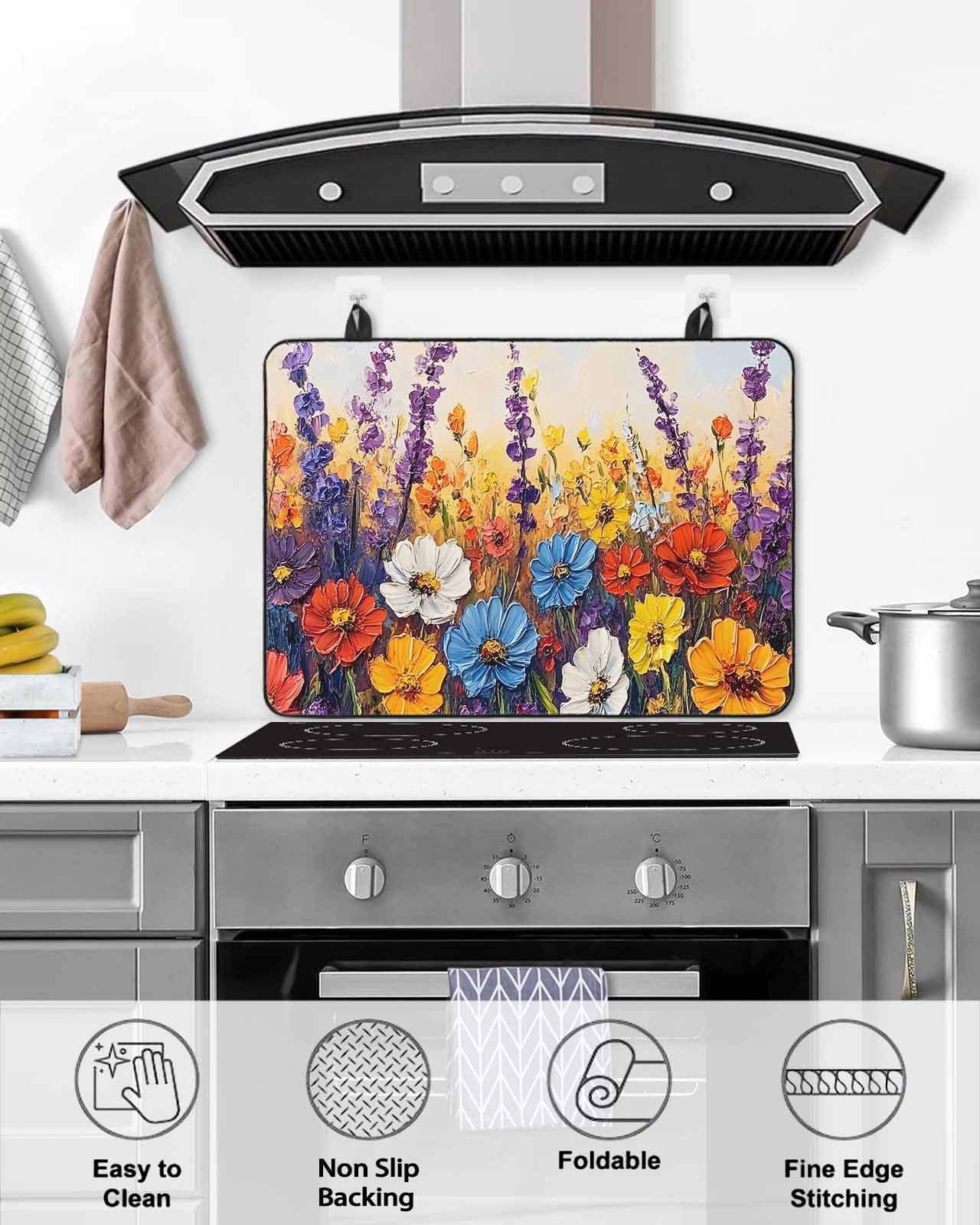 nqOlkjepod Large Induction Cooktop Protector Mat 24"x21", Vintage Flowers Stove Top Covers for Electric Stove, Abstract Oil Painted Farmhouse Botanical Stove Burner Cover Mats, Glass Top Stove Cover