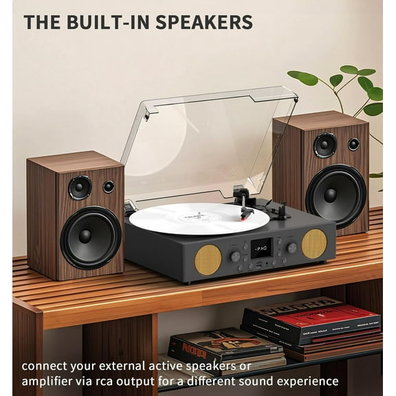 All-in-One 3-Speed Record Player with Built-In Speakers, Belt-Driven Turntable, Bluetooth, FM Radio, USB Recording, RCA Line Out, AUX In, Grey