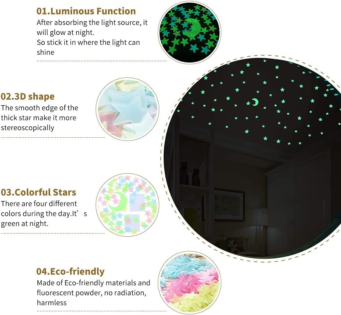 200 Pcs Glow In The Dark Stars & Moon - 3D Luminous Ceiling Decor For Kids Rooms