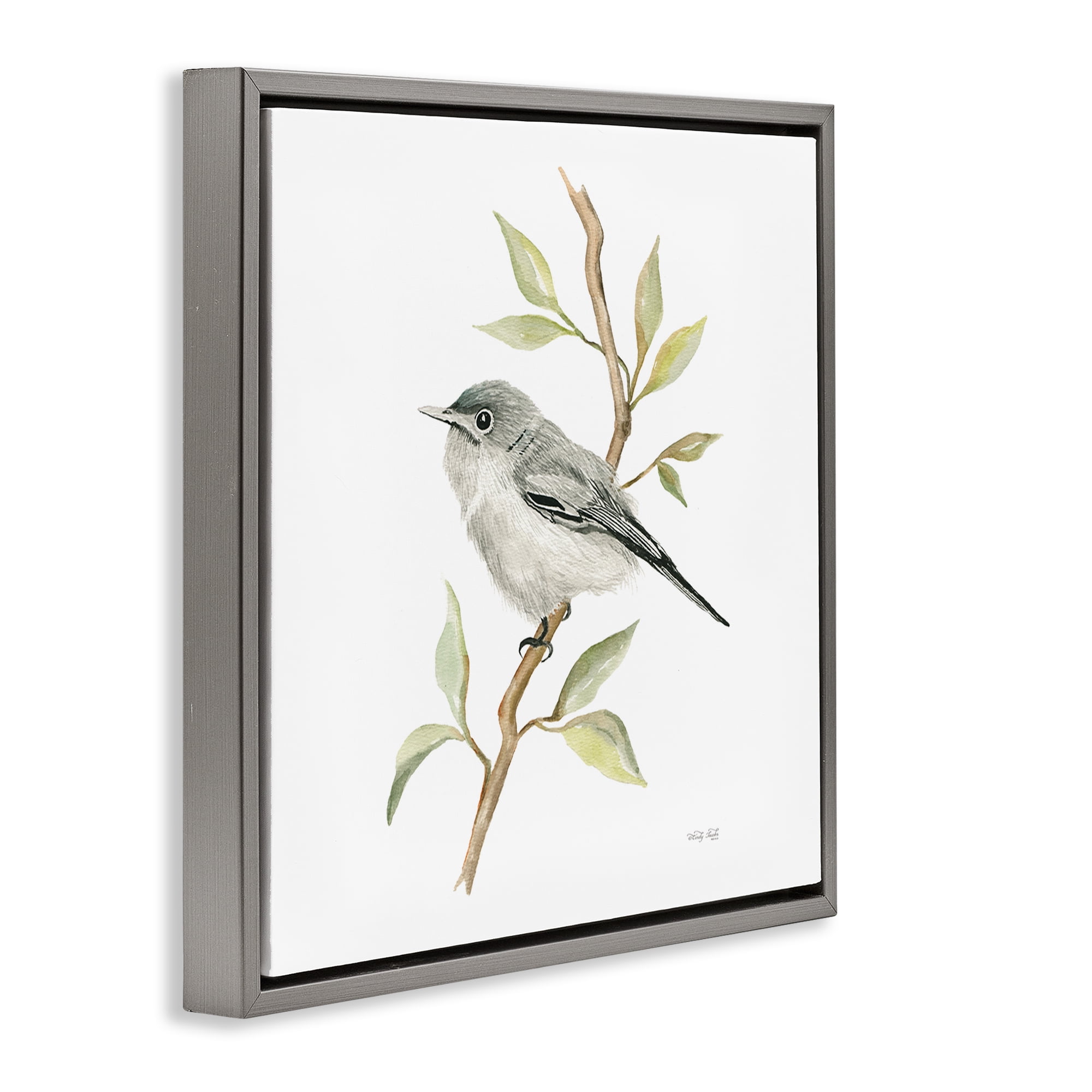 Stupell Industries Bird on Simple Branch Animals & Insects Painting Gray Floater Framed Canvas Art Print Wall Art, 25 x 25