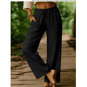 AGWOLF Wide Leg Pants for Women Loose Fit Elastic Wasited Lounge Pant Comfy Drawstring Trousers Summer Beach Trouser Black M