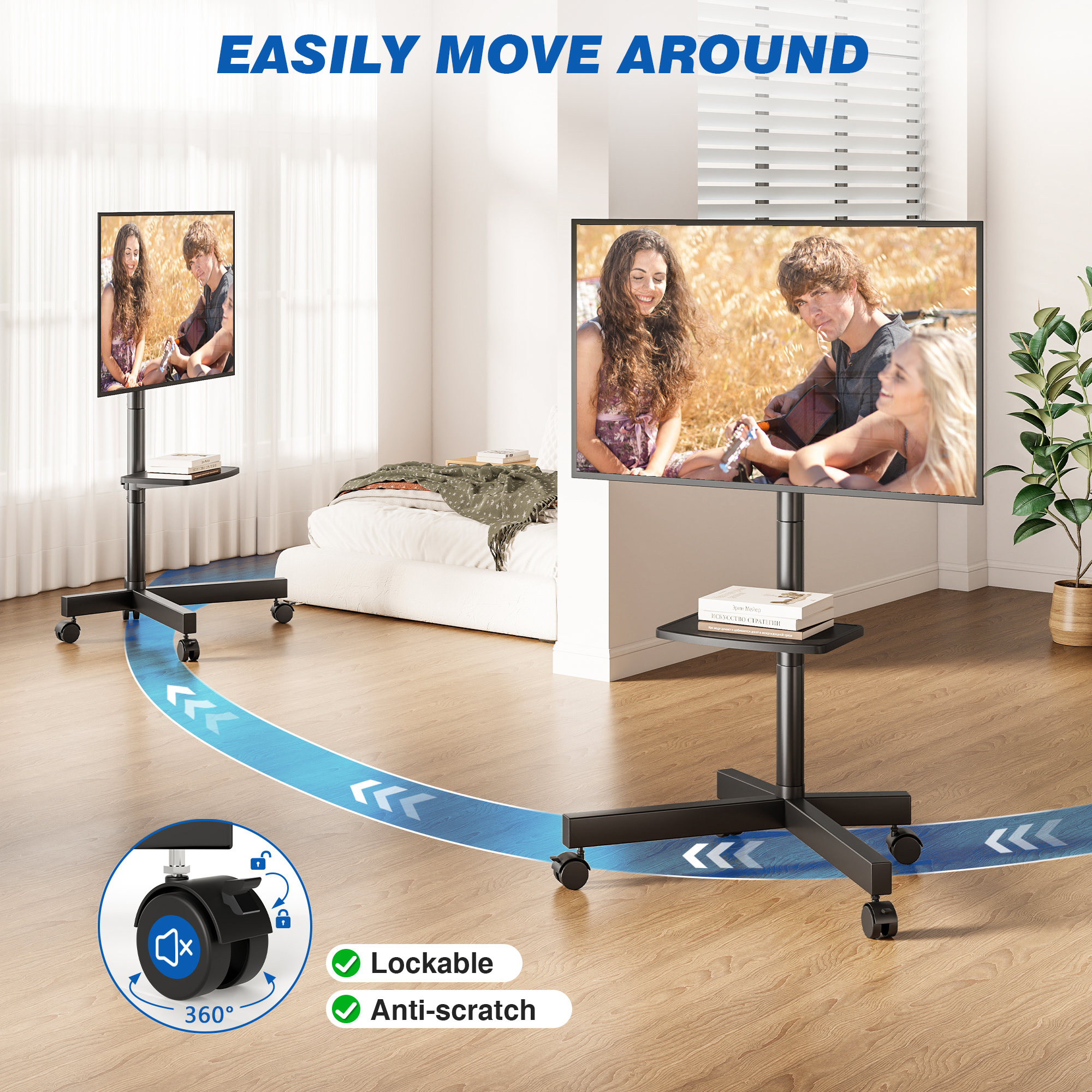 RTVR Modern Rolling TV Stand with Shelf for 23-60 inch TVs photo 3