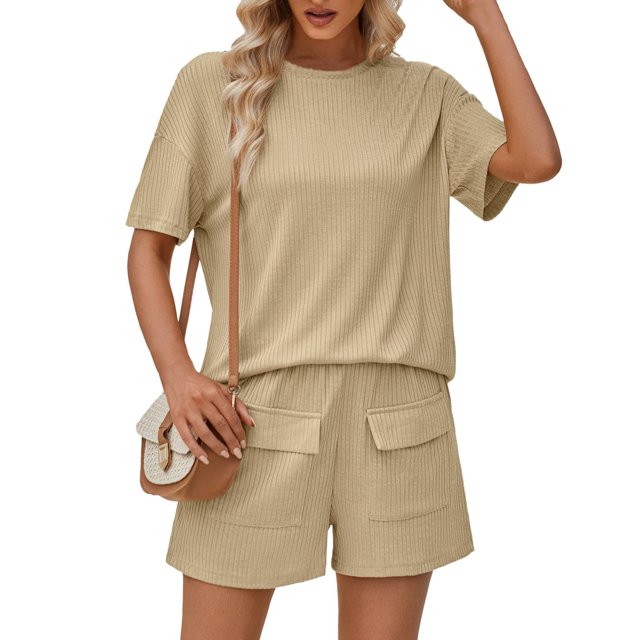 Cuhas.CA Ensemble Deux Pièces pour Femmes, Haut à Manches Courtes et Short, Col Rond, Décontracté et Ample, S