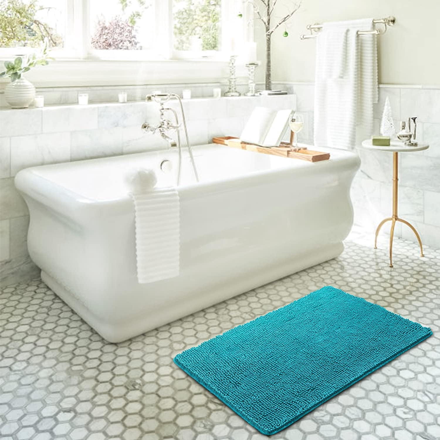 Luxury Bathroom Rug Shaggy Bath Mat 20 x 30 Inch, Washable Non Slip Bath Rugs for Bathroom Shower, Soft Plush Chenille Absorbent Carpets Mats, Teal Blue