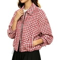 thumbnail image 3 of Women's Plaid Cropped Jacket Long Sleeve Plaid Collared Zip Snap Button Outerwear with Pockets,Drawstring Hem for Daily Wear, 3 of 8