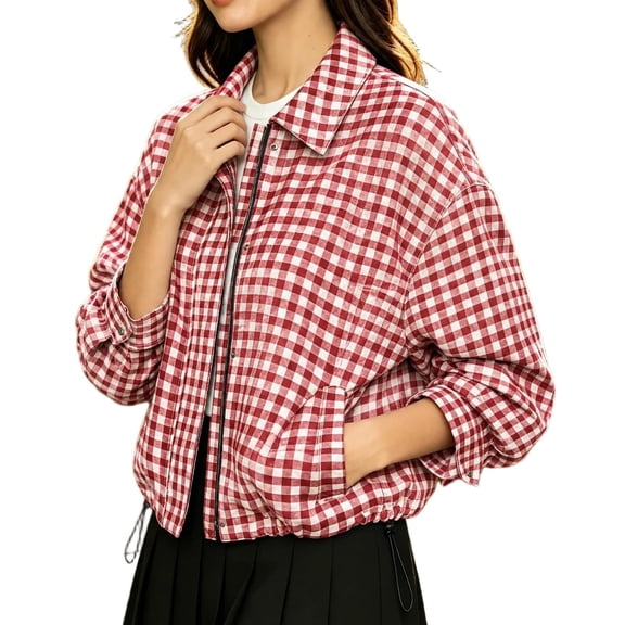DISKEBUISS Women's Cropped Gingham Plaid Jacket Lapel Zip & Snap Long Sleeve Short Outerwear for Fall Winter
