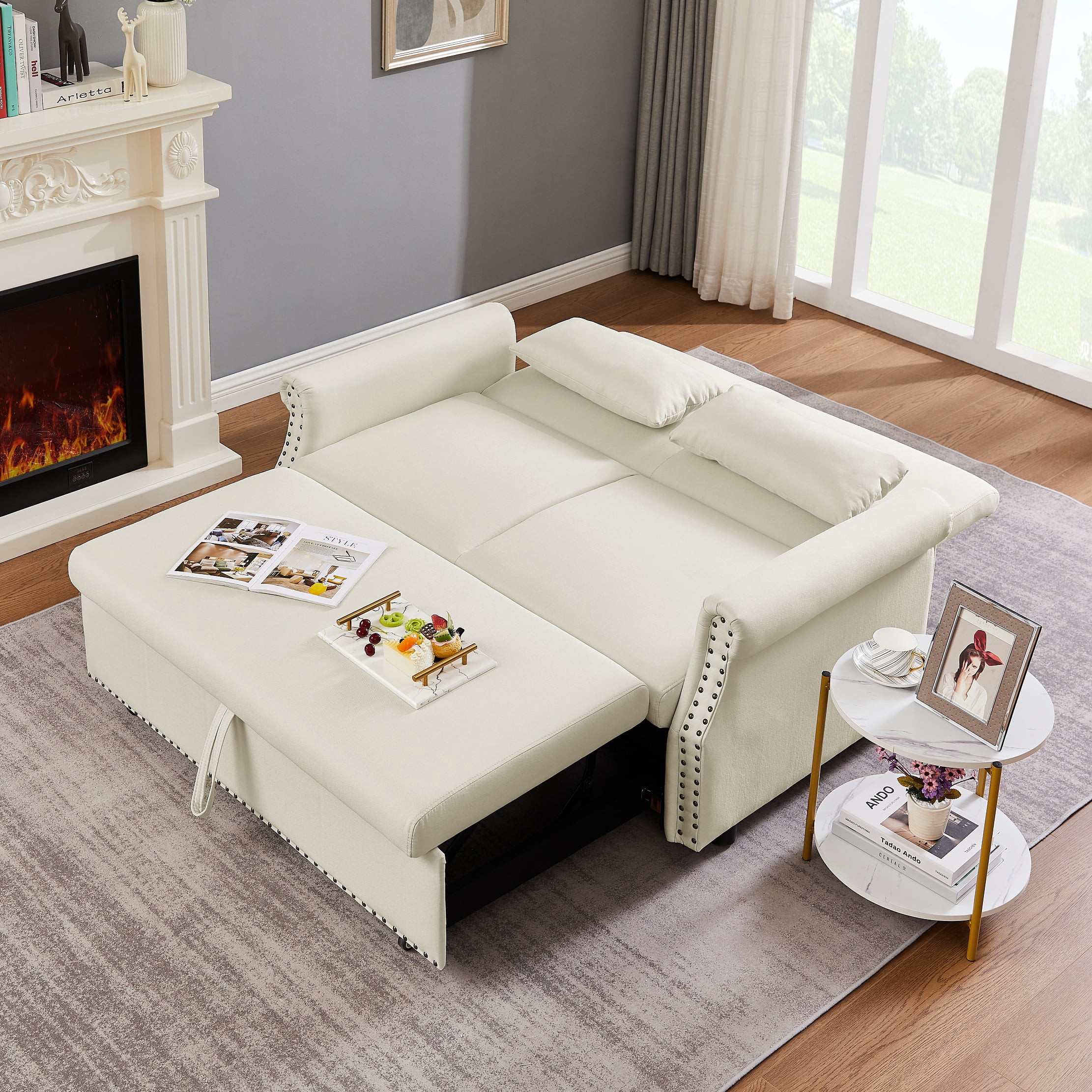 Momspeace 55" Futon Sofa Bed, Modern Loveseat Convertible Pull out Sofa Bed 2 Seater Sleeper Sofa Couch with Adjustable Backrest - Beige