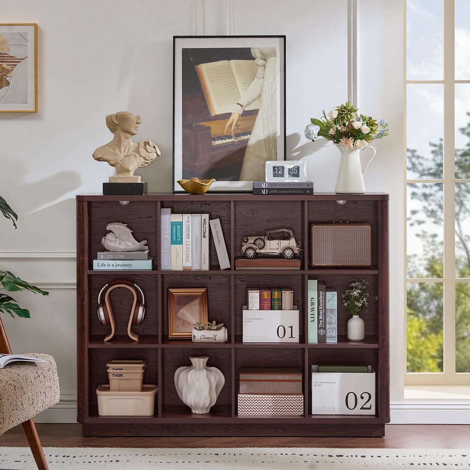 Buildhom 12-Cube 3-Tier Storage Bookcase, 41" Tall Floor Standing Bookshelf with Curved Edge for Living Room, Office, Walnut
