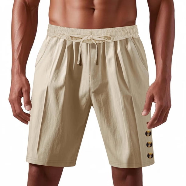 pstuiky Pantalones cortos para hombre, Pantalones cortos de lino con cintura elástica y botones de color liso para hombre, versátiles y a la moda. Pantalones cortos de baloncesto