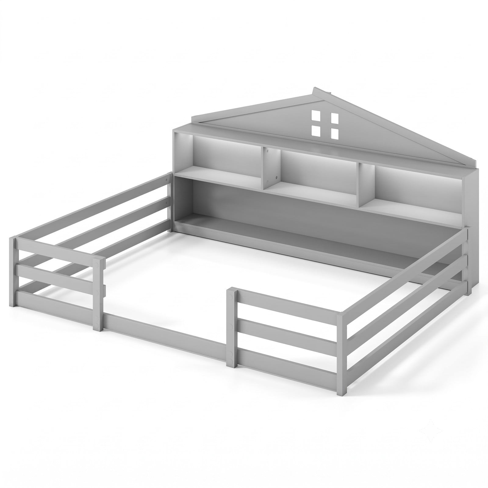 Furnibear Full Size Bed Frame Montessori Floor Bed for Kids, House Bed with Storage Headboard Guardrails and LED Lights, Full Bed Frame, Gray