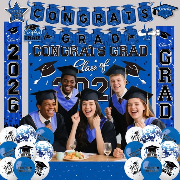 2026 Graduation Party Decorations Kit – 46-Piece Blue Congrats Grad Banner Set with Backdrop, Balloons, Table Decor – Complete Supplies for High School College Graduation