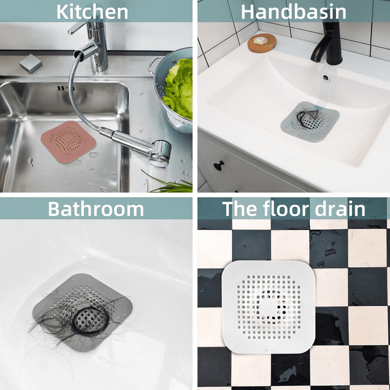 Shower Hair Drain Catcher, Silicone Drain Cover with Suction Cup, Square Hair Stopper Convex Cover for Stopper for Bathroom, Bathtub, Kitchen,Easy to
