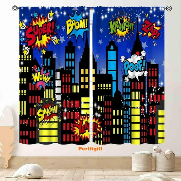 Superhero City Curtains, Comic Night Starry Skyline Cityscape Buildings Comic Blackout Window Curtains for Boys Kids Baby Room Bedroom Living Nursery 2 Panel Sets, 52"x84" Inch