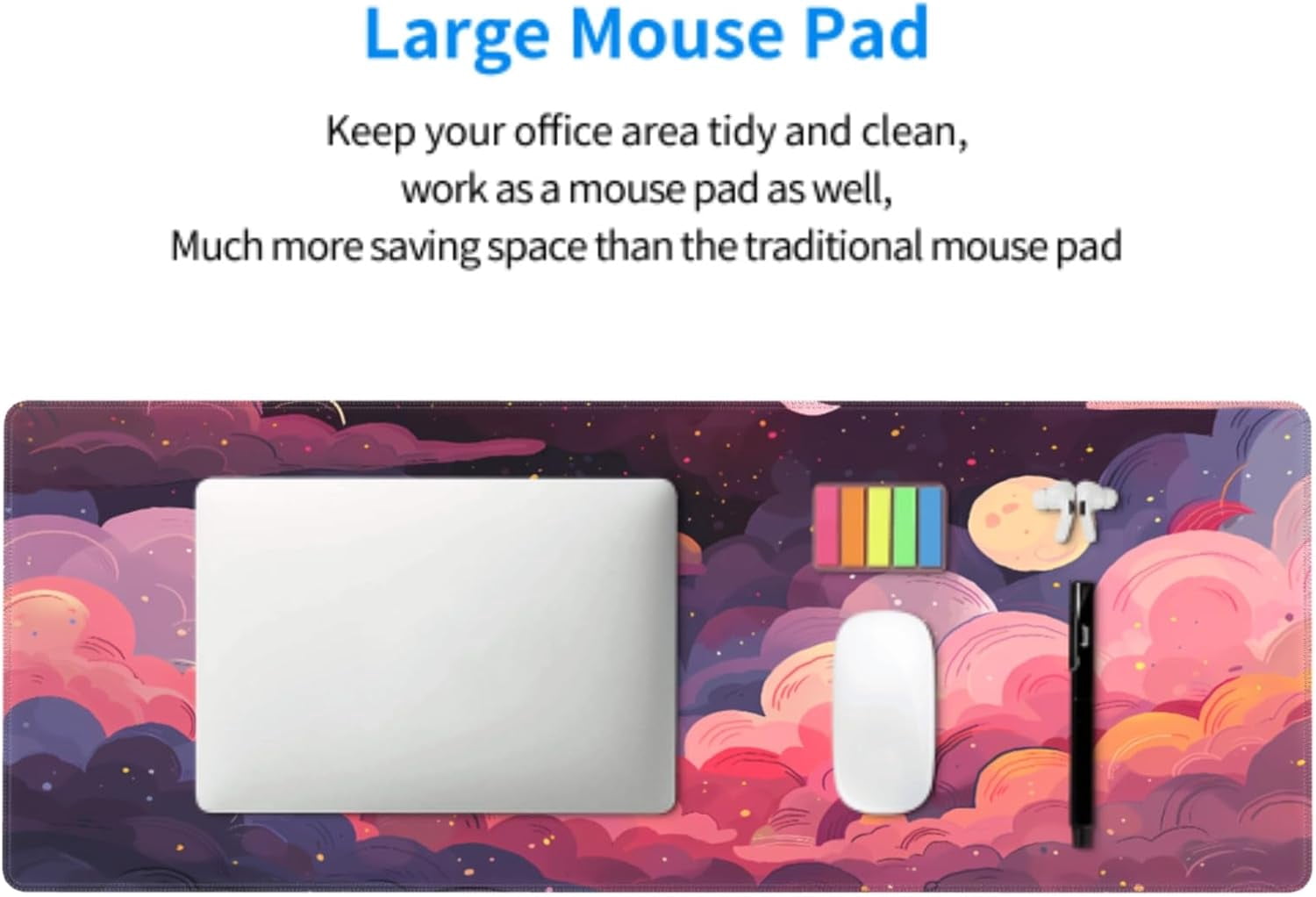 Cute Rainbow Cloud XXL Gaming Mouse Pad 35.4x15.7in Pink Purple Kawaii Design, Extended Large Mousepad, NonSlip Rubber Base, Stitched Edges, Ideal for Home Office