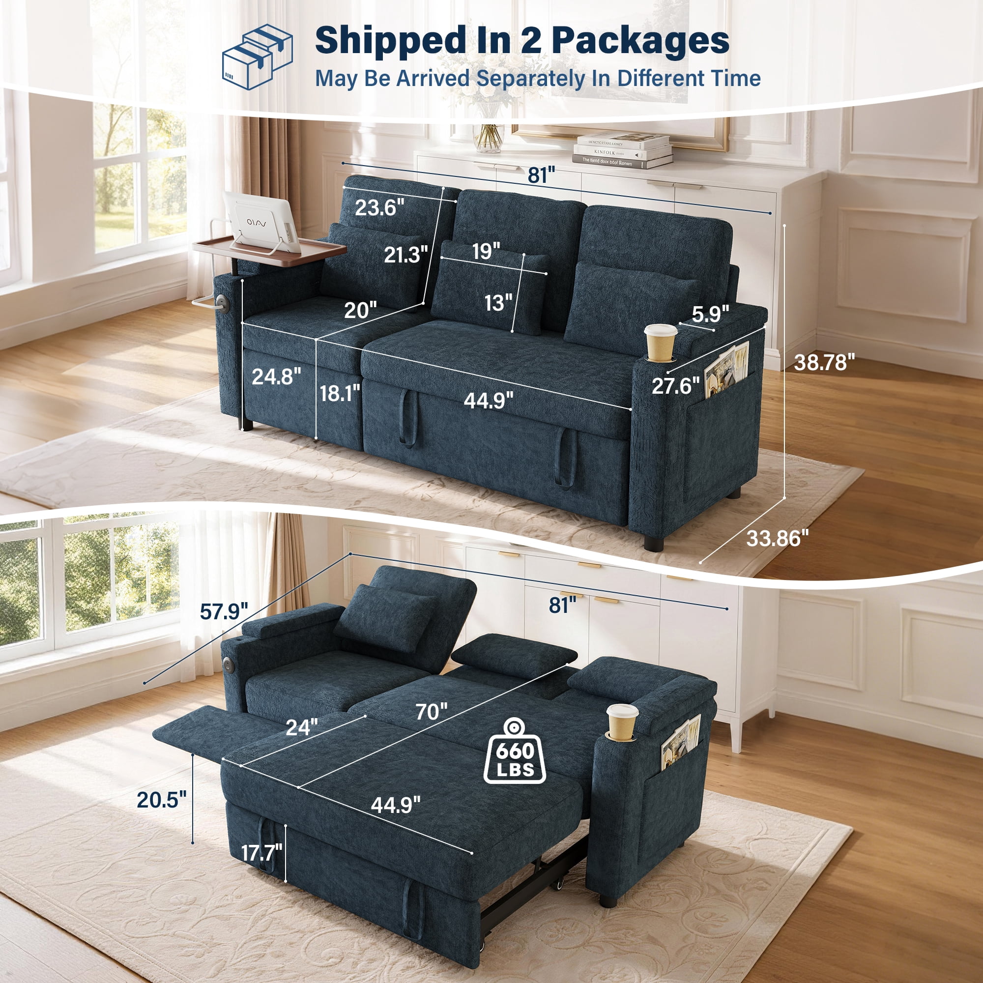 Aukfa 81" Convertible Sleeper Sofa,Chenille 3-in-1 Sofa Bed with Recliner,Center Table,USB Ports & Storage Armrests,Blue
